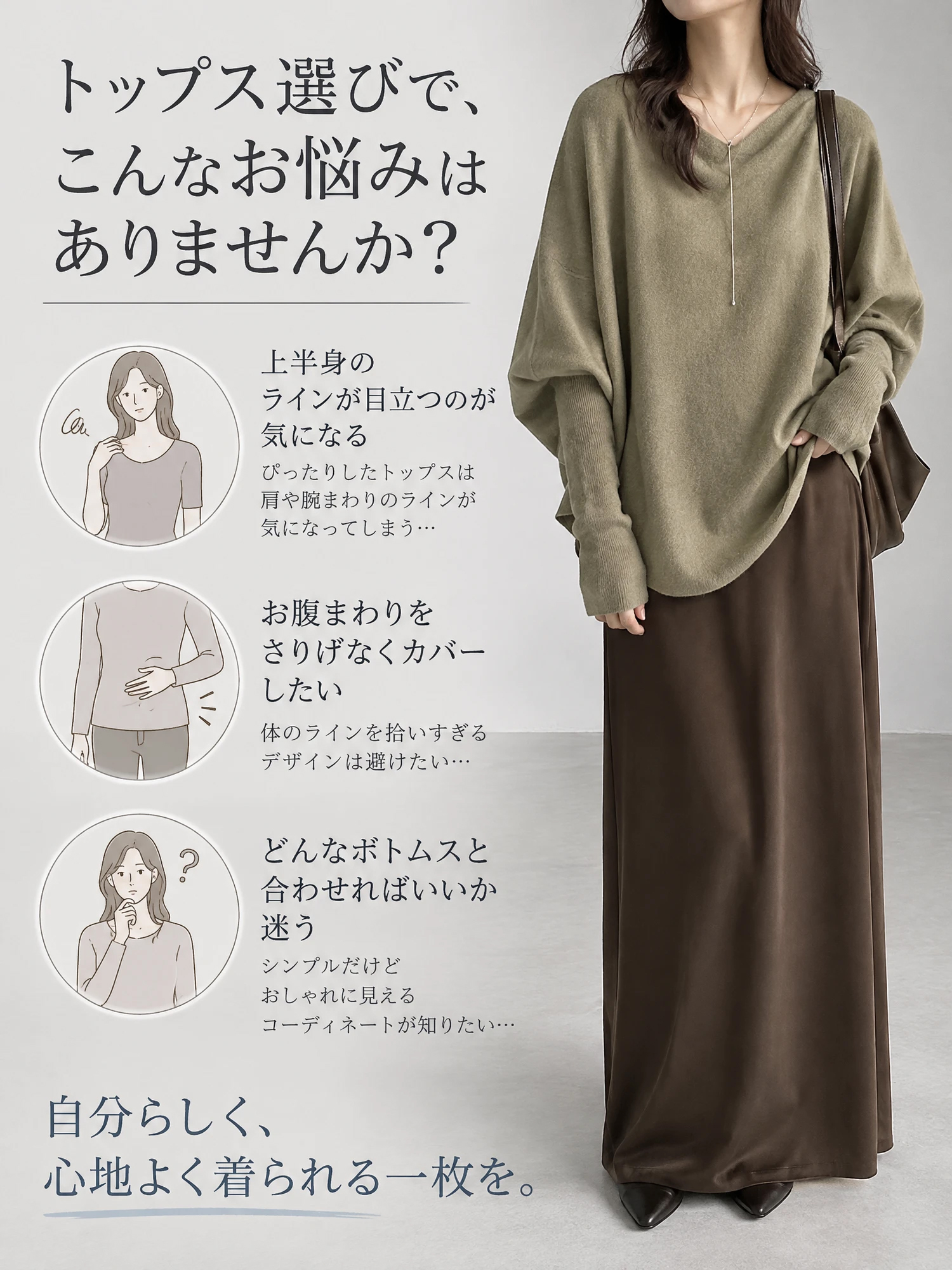 【やさしく上品なドルマンスリーブ · ゆったりポンチョニット】あたたかく着回しやすく、すっきり見えと体型カバーを叶える一着。