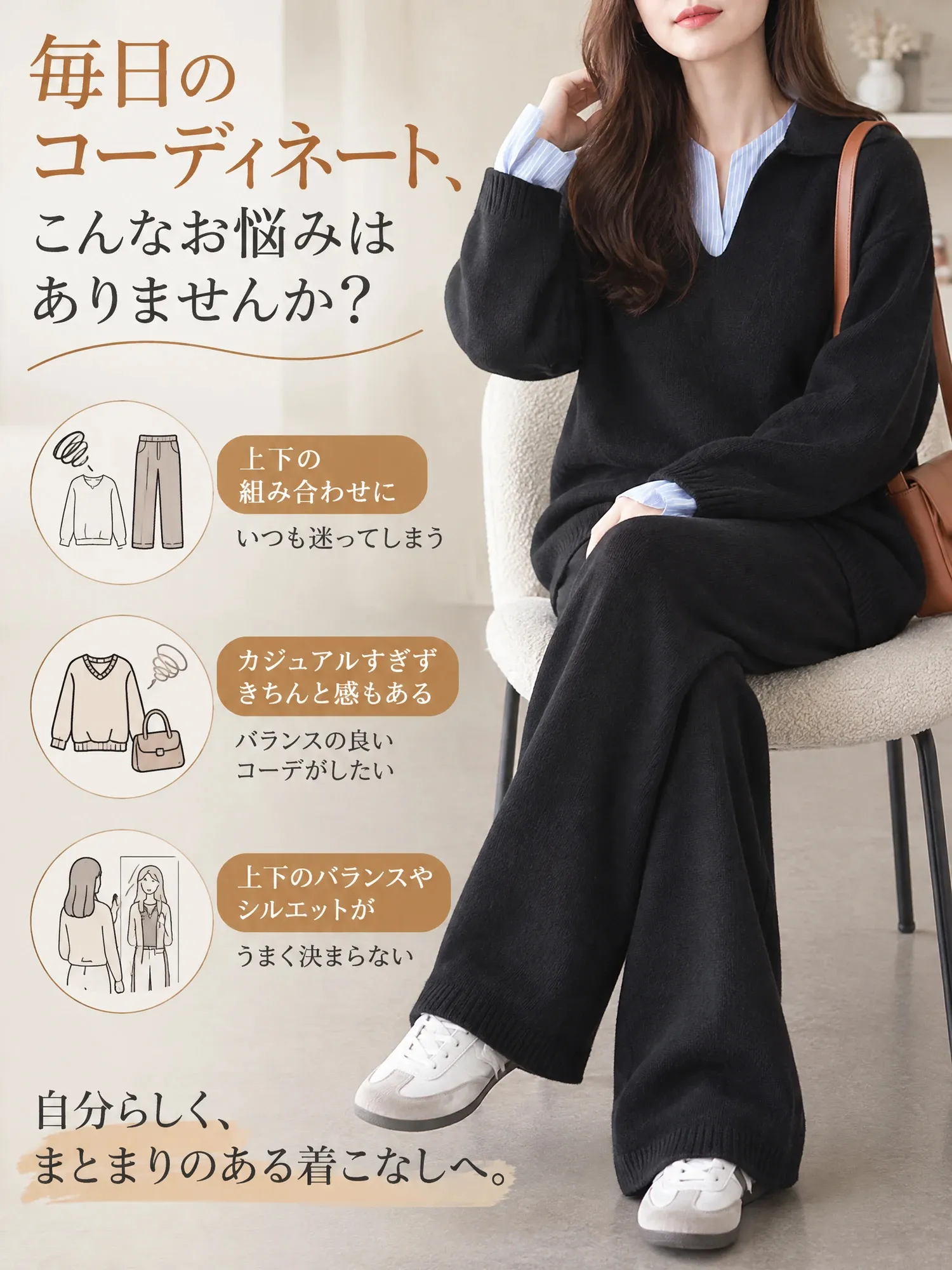 【レディース 襟・袖口ストライプ配色 デザインニット ワイドパンツ セットアップ】