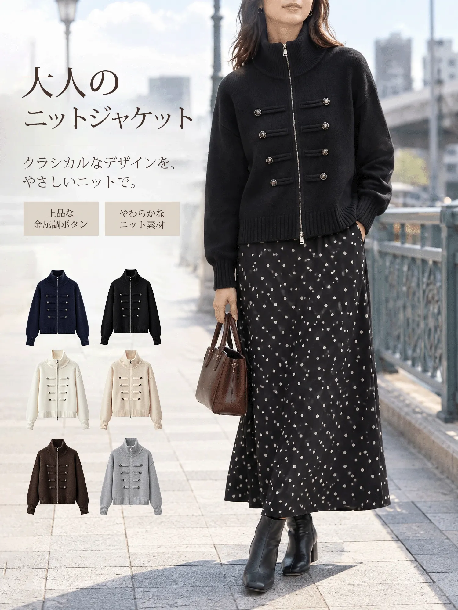【ナポレオン風 ダブルジップニットカーディガン レディース グレー】-sosove