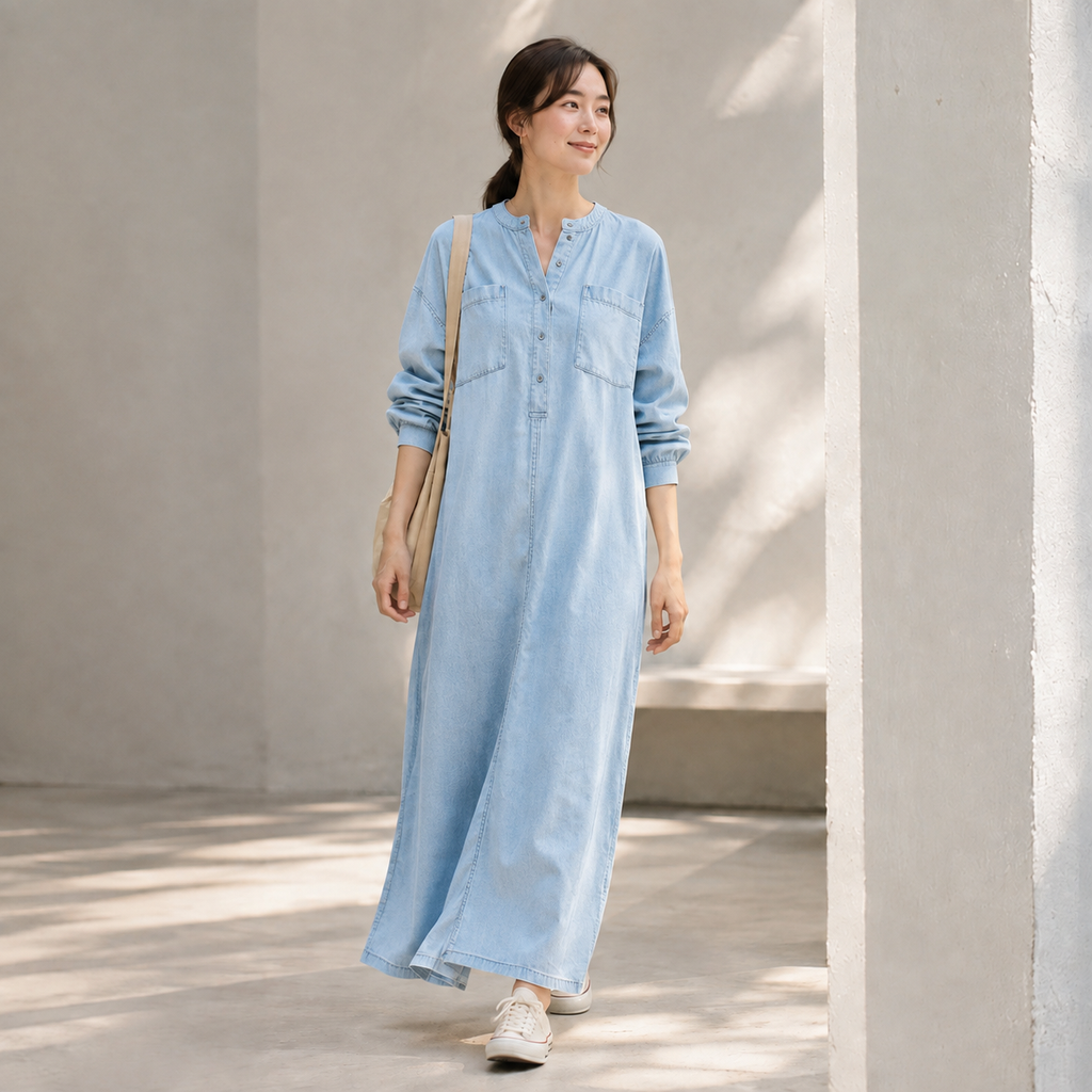 【ヴィンテージ風ルーズデニムシャツワンピース】ゆったりとしたストレートシルエットが、ウエスト・ヒップ・脚のラインを自然にカバー