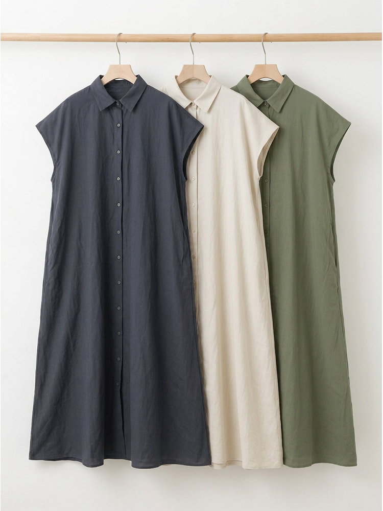 シャツのようなきちんとしたロングワンピース，お腹や腰、ヒップにフィットしすぎず-sosove