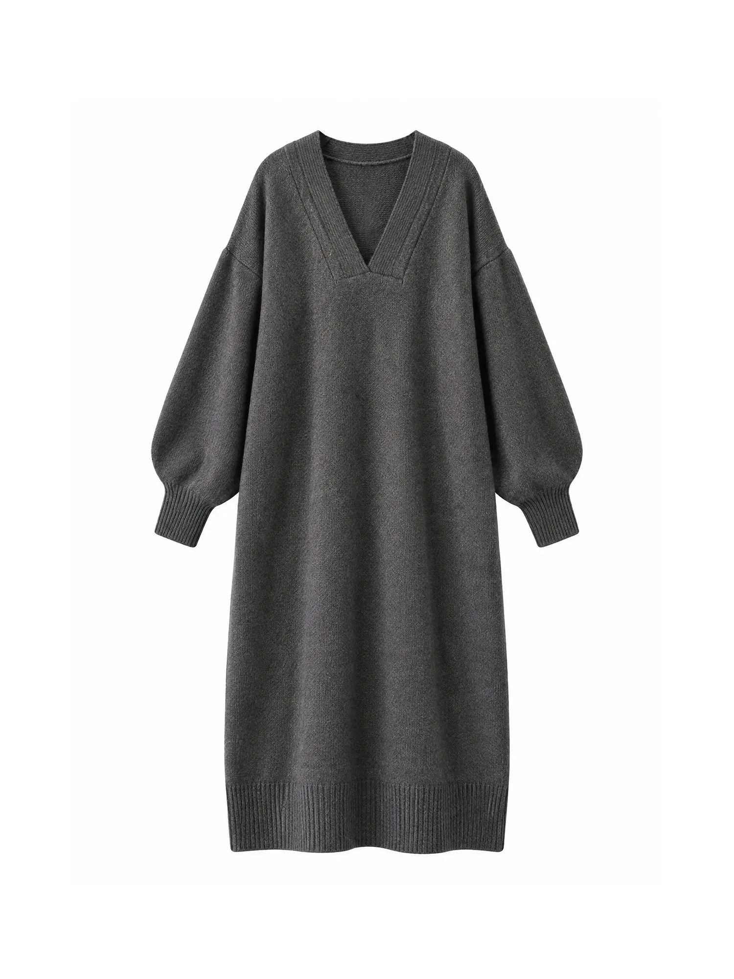 【レディース Vネック 長袖 ロングニットワンピース スリット入り 秋冬】