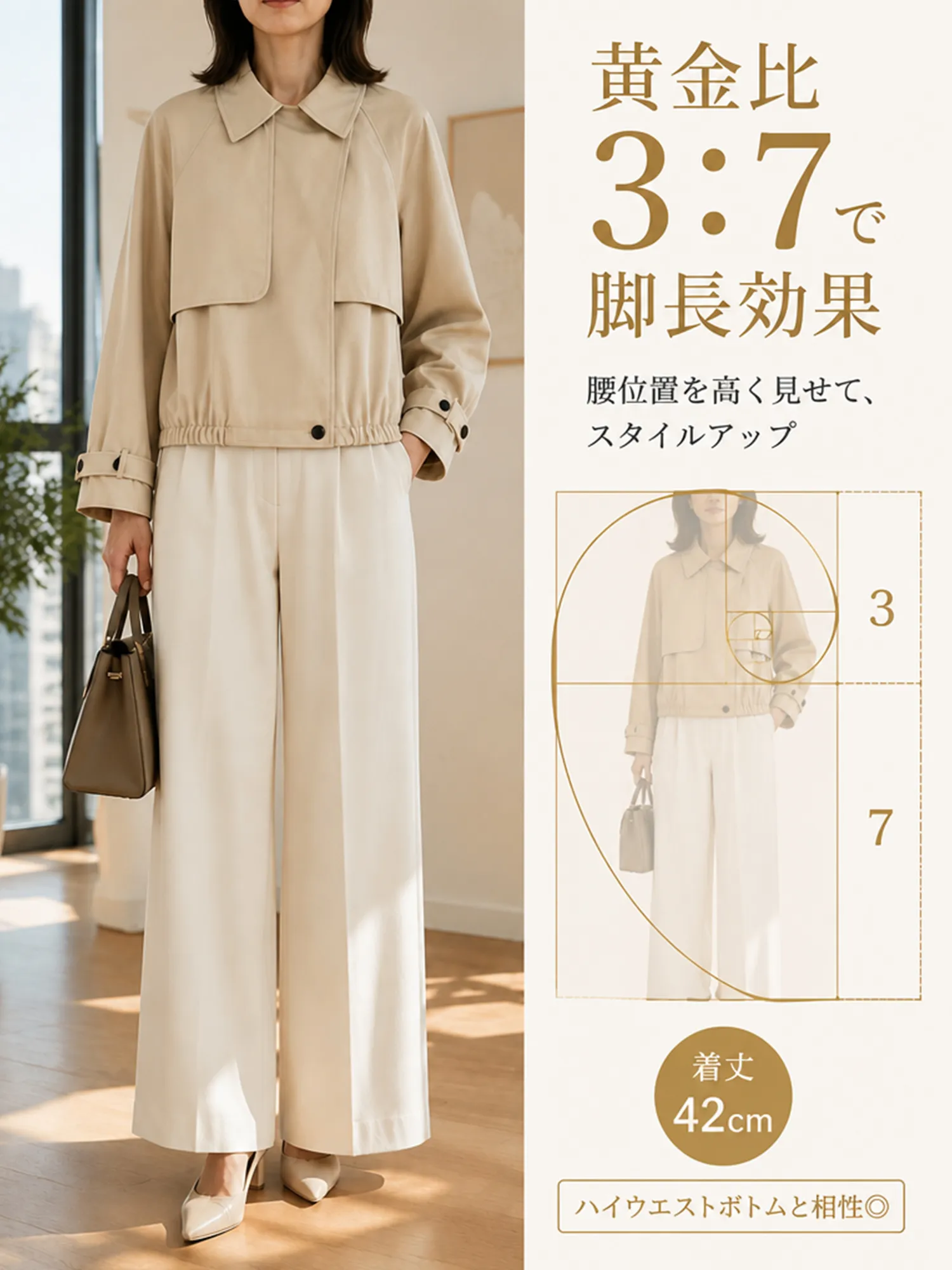 【裾ギャザーショートトレンチジャケット】 ワイドラペル＋アシンメトリーフロントで、 肩まわり・首元をすっきり見せ、きちんと感をプラス。