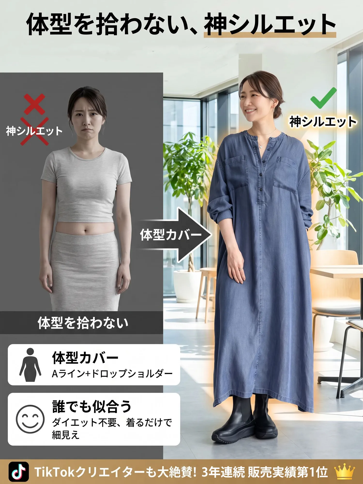 【ヴィンテージ風ルーズデニムシャツワンピース】ゆったりとしたストレートシルエットが、ウエスト・ヒップ・脚のラインを自然にカバー