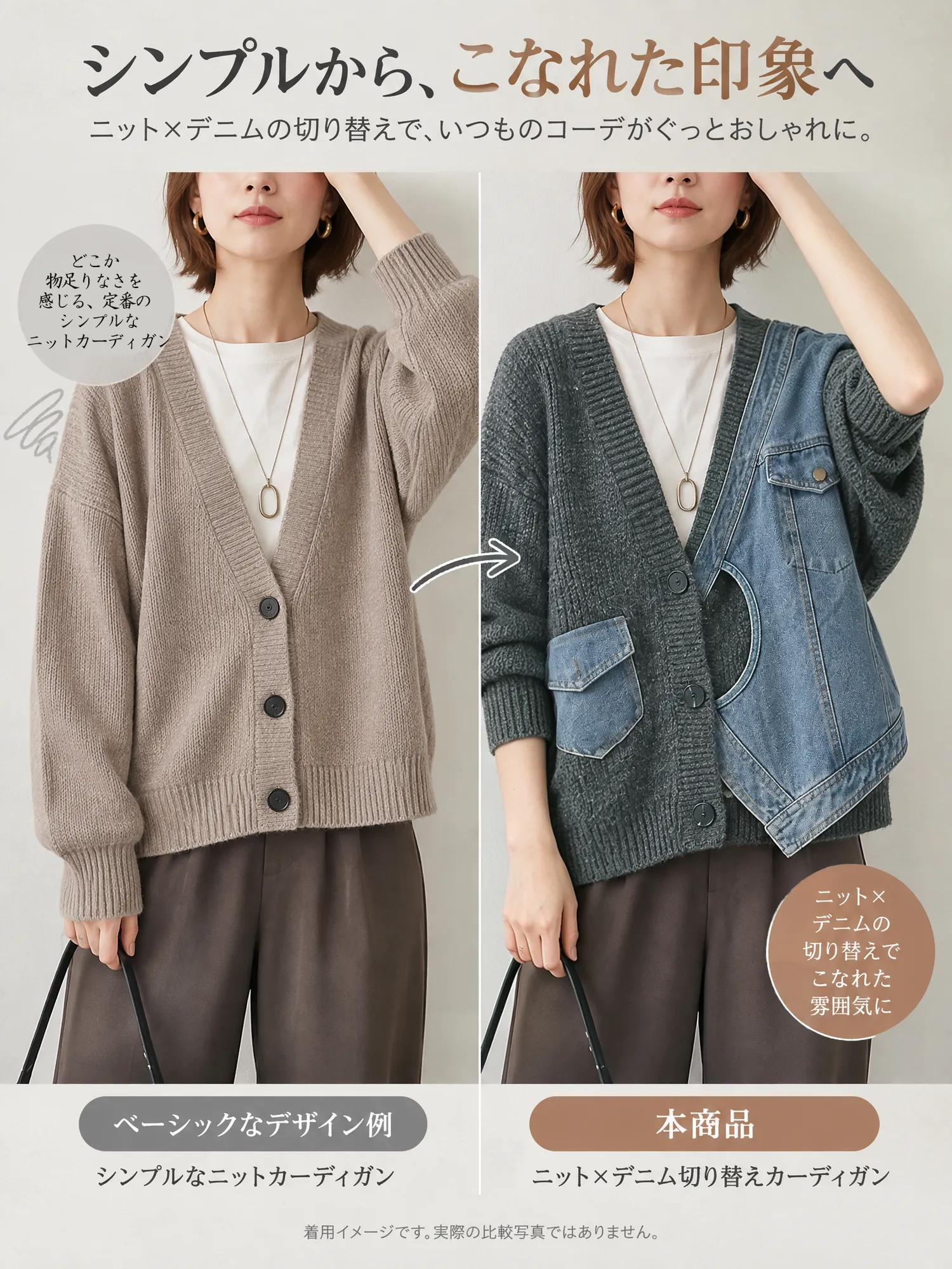 SOSOVE‐デザイン性 不規則デザイン デニム切替 ニットアウター／ニットジャケット