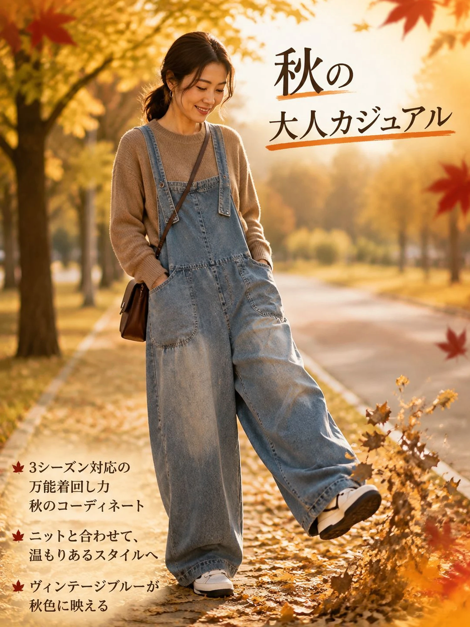 【ゆったりとしたルーズフィットデニムオーバーオール】