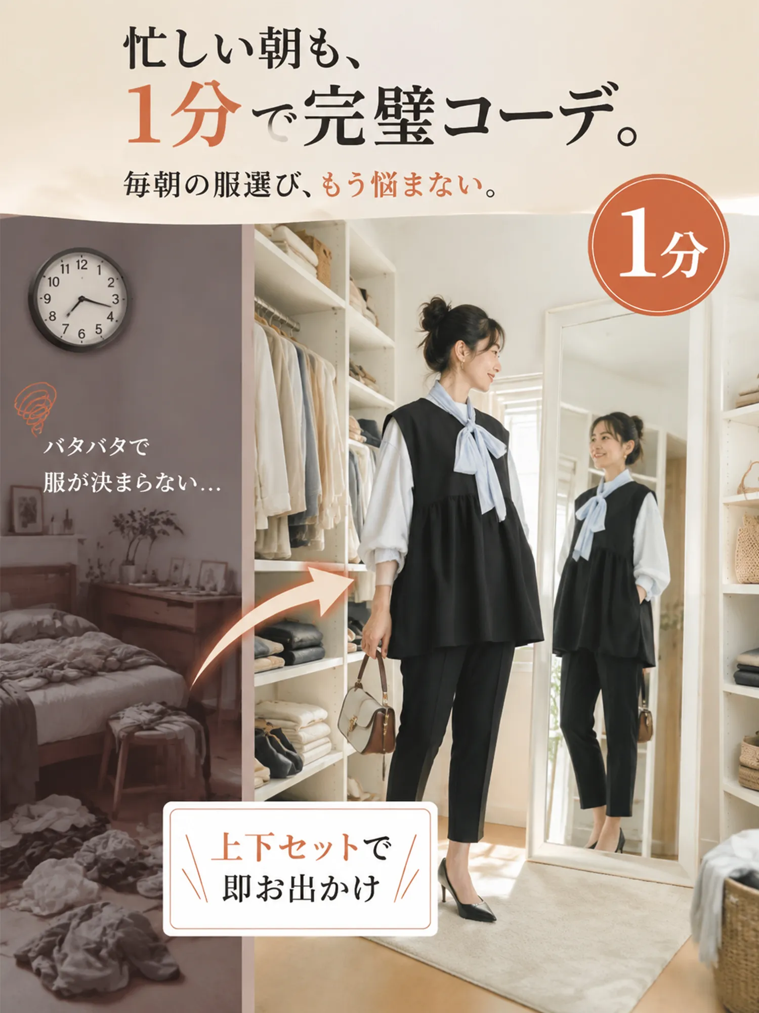 【シワになりにくい 通勤ベスト＋テーパードパンツセット】 ハイウエスト切り替えのフレアベストとテーパードパンツで、お腹まわりや脚のラインを自然にカバー。職場になじむきちんと感と、一日中快適な着心地を兼ね備えています。