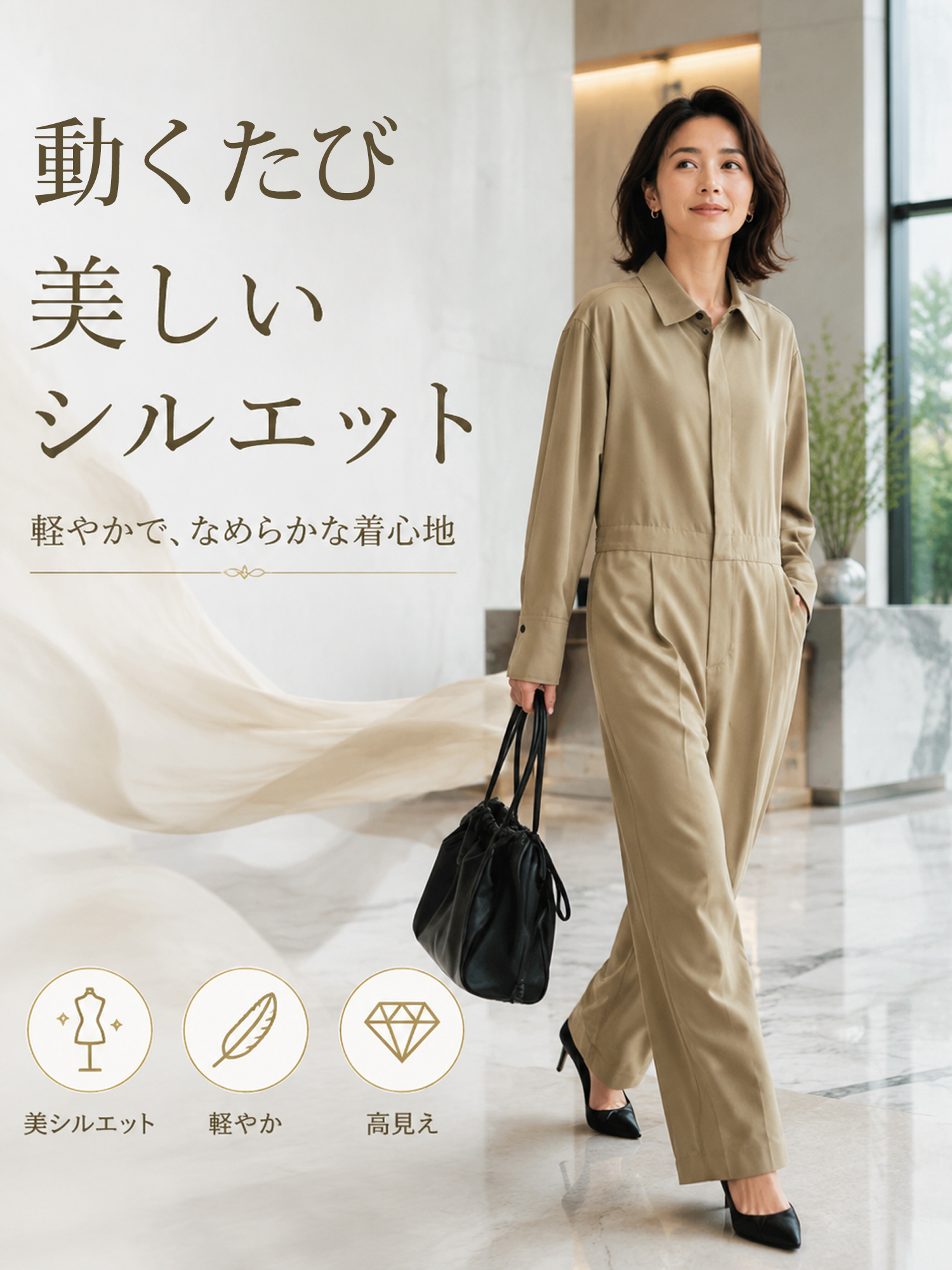 【ヴィンテージ風ポケット付きワークテイストオールインワン】デザインの着想は、「体型カバーをリラックス感の中に自然に取り入れること」。