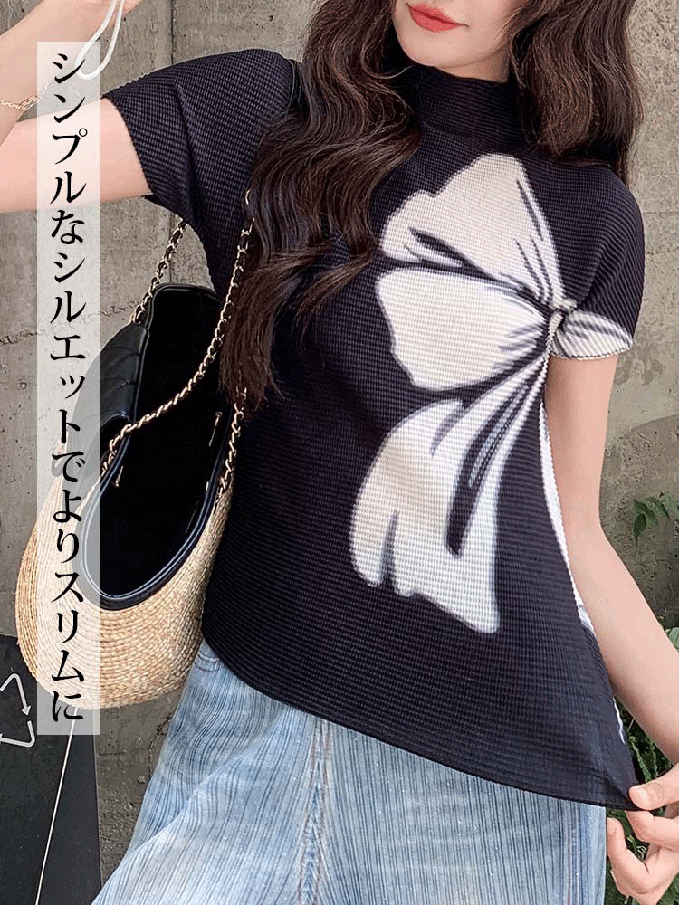【洗練された通勤の必須アイテム】白黒リボンプリント、程よい凹凸感のあるプリーツブラウス-sosove