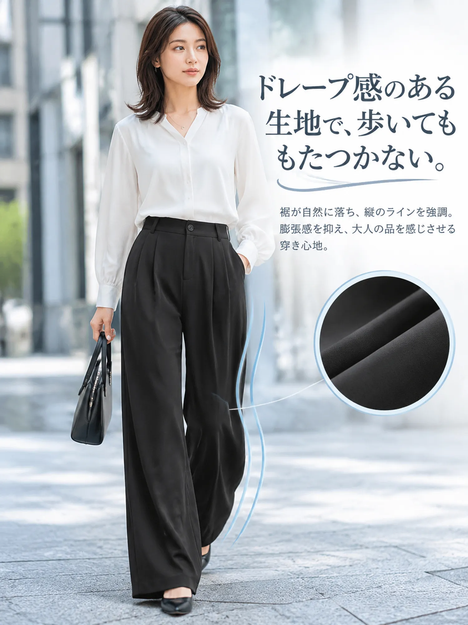 【上品な落ち感で細見え】すらっと脚長見えストレートワイドスラックス