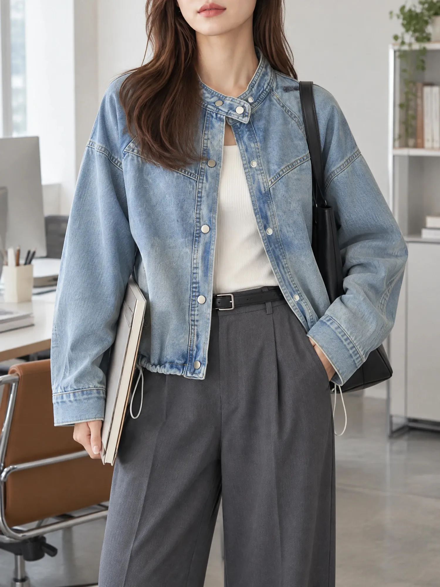 SOSOVE‐アメカジ ヴィンテージ スタンドカラー ワークデザイン ドローストリング付き デニムジャケット