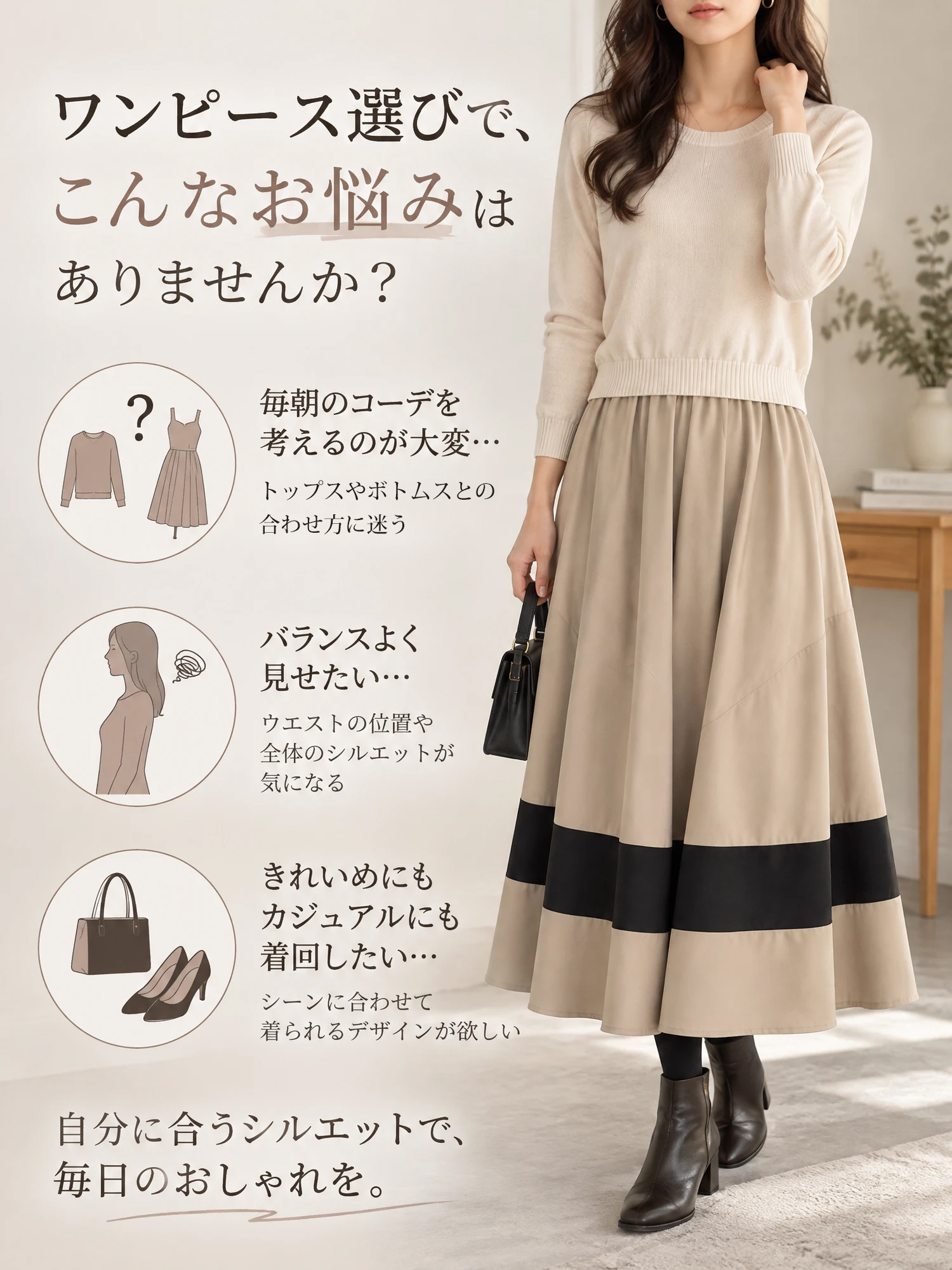【秋冬ロング丈ニット切替ワンピース】ニットの切り替えで、一枚で上品なコーディネート