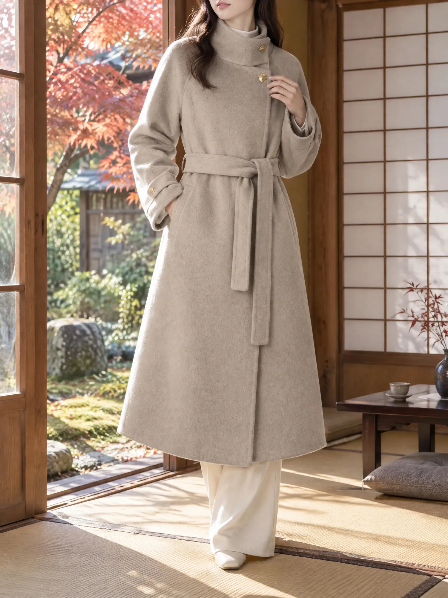 【ウール混ロングコート・秋冬アウター】通勤にも使える上品なデザイン、すっきりとした大人の着こなし