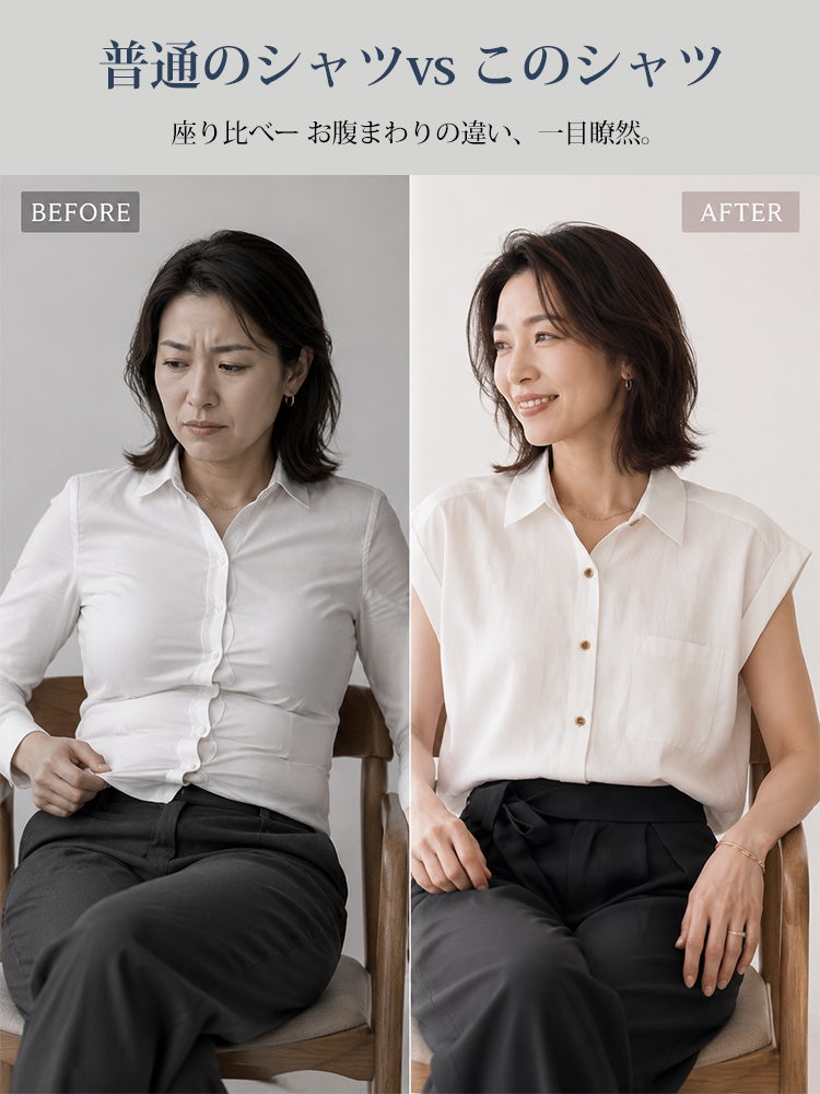 【シンプルで見えやせ、デザイン性のあるノースリーブシャツ】 「肩のラインを整え、お腹を優しく包み込み、快適さとシャープさを心地よく融合させます。」