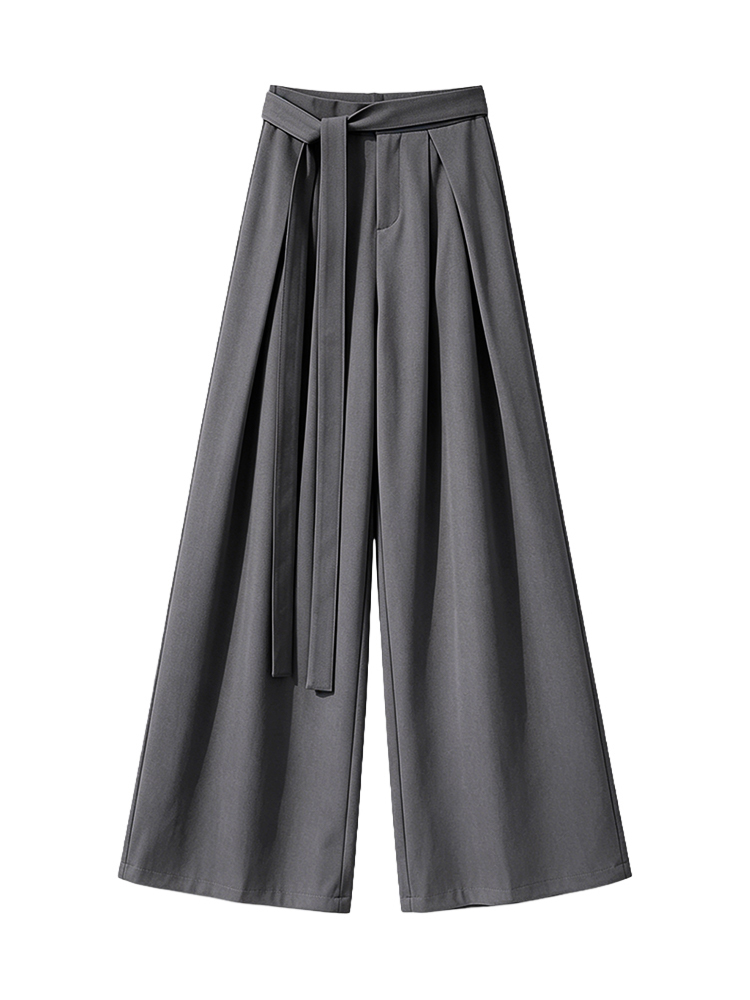 【ハイウエスト・サイドリボン・ドレープワイドスラックス】サイドリボンでお腹カバー、垂れ感ワイドが叶える上品脚長パンツ
