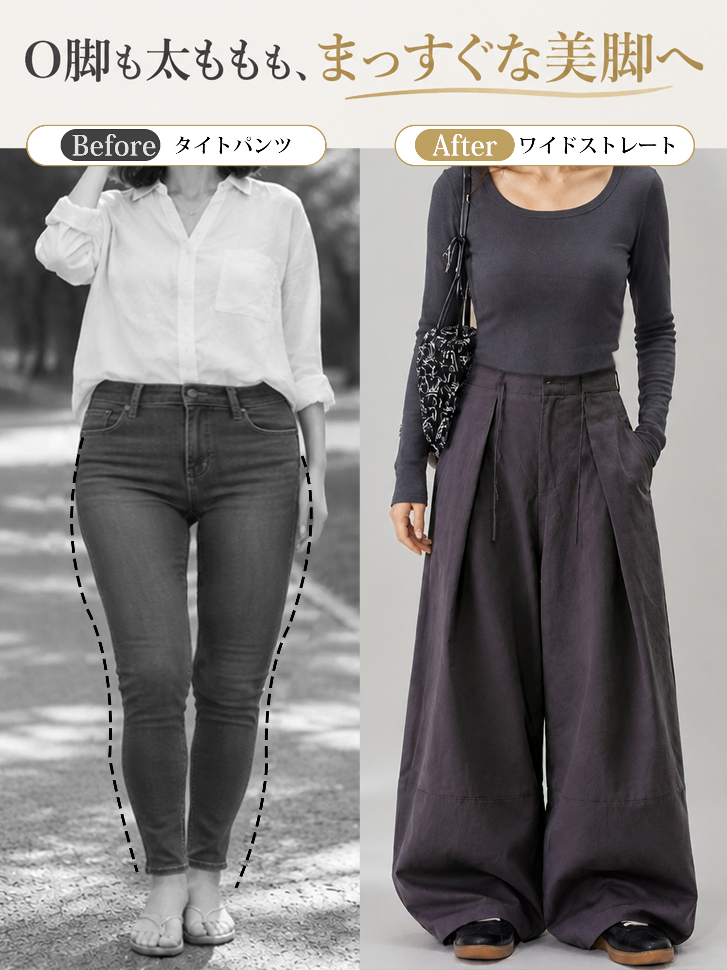 【ドローストリングタックワイドパンツ】 タックでお腹まわりをカバー、ワイドシルエットで脚のラインを拾いにくい。秋の装いに映える、すっきり見えワイドパンツ。