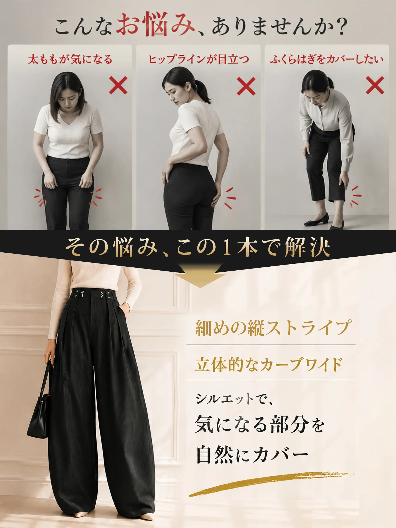 【上品リュクス メタルバックル付き タック入りストライプスラックス 】 メタルバックルがウエストを美しくマーク。