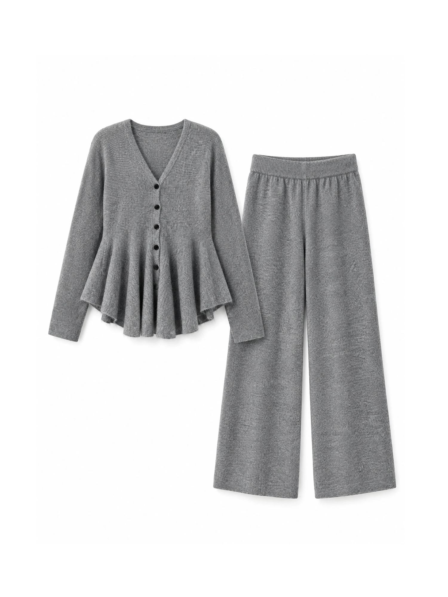 【垢抜けセットアップ  |  もちもちVネックフリル TOPS ＋ 美シルエットニットパンツ 2点セット】