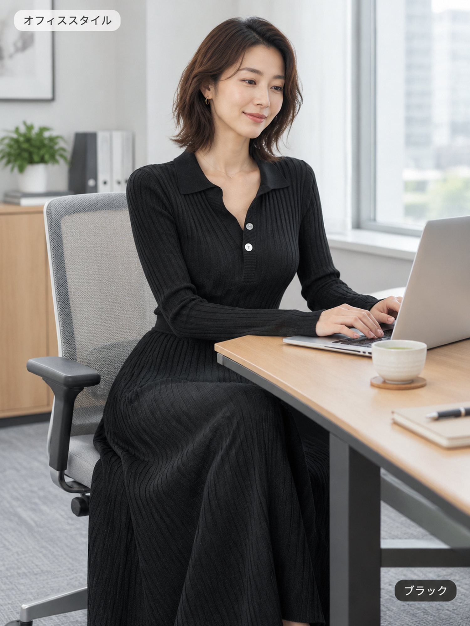 【襟付きリブニット ウエストシェイプAラインプリーツワンピース】縦リブですっきり見え、ウエストラインを美しく演出。