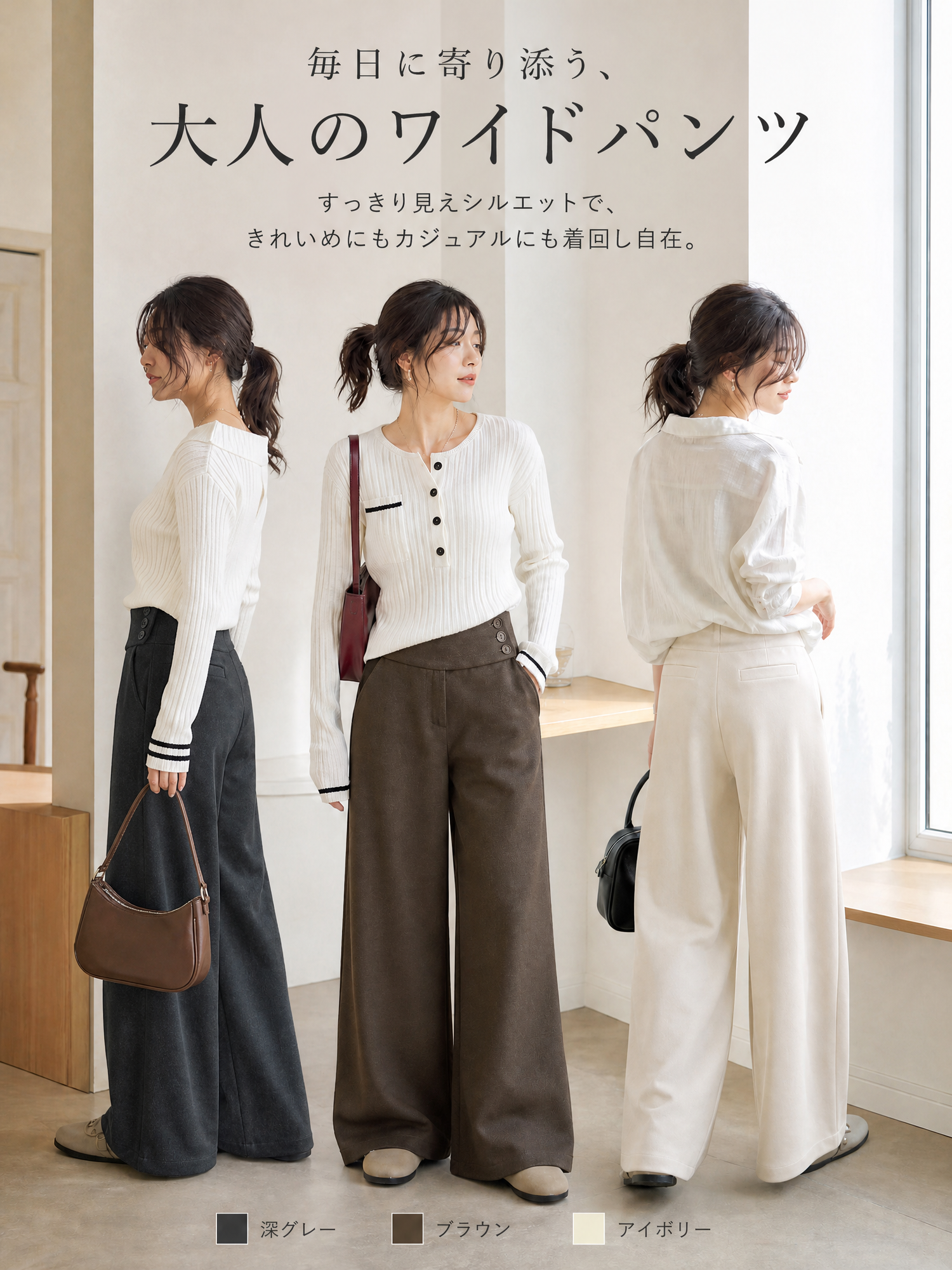 【ウールライクな落ち感ワイドスラックス · サイドボタン付きロング丈】斜めに切り替えたハイウエストで、腰まわりをすっきり