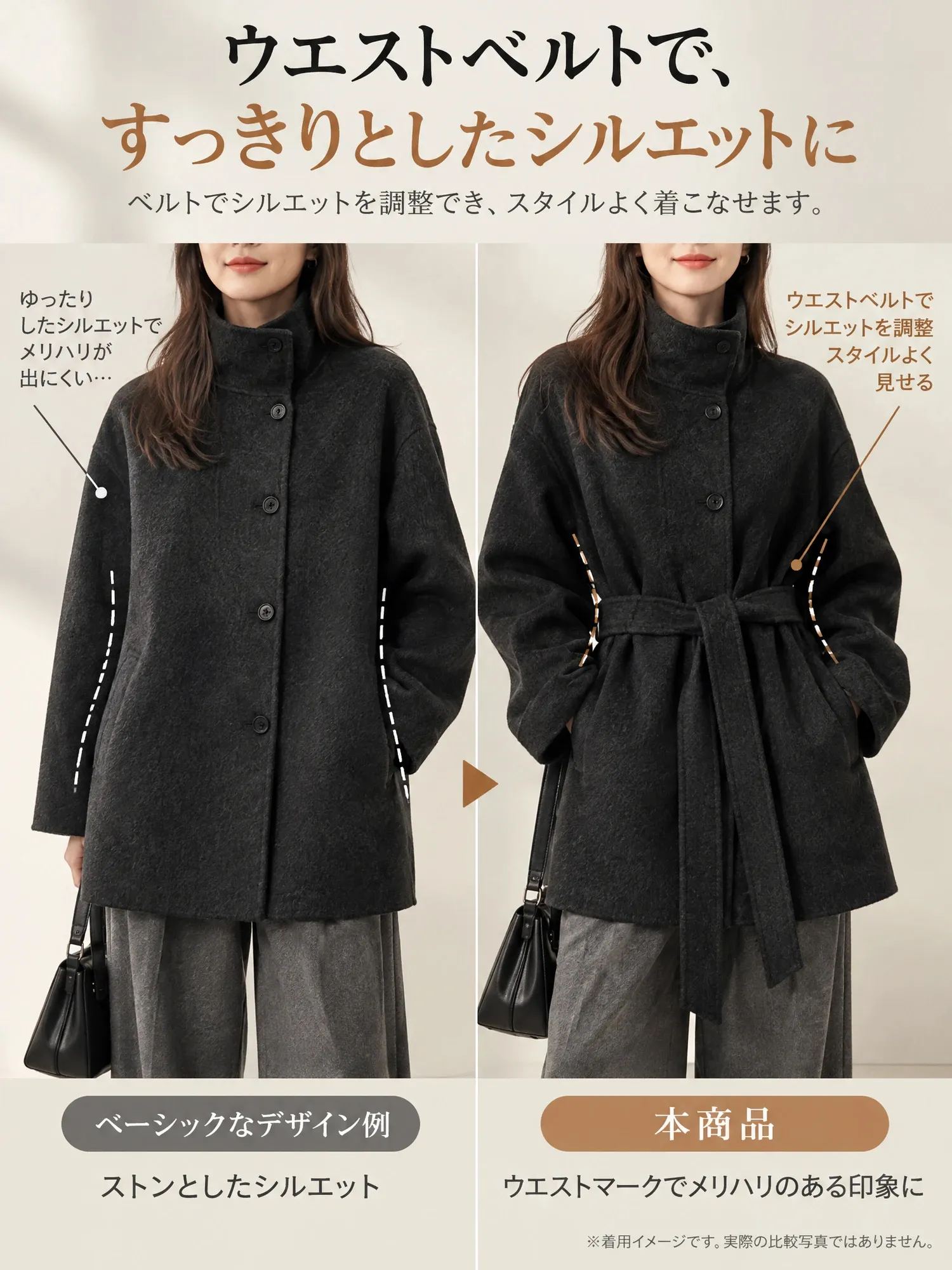 【特価】定番売れ筋 秋冬物 スタンドカラー 高級感 ゆるっと 厚手 ミドル丈 ダブルフェイスウールコート