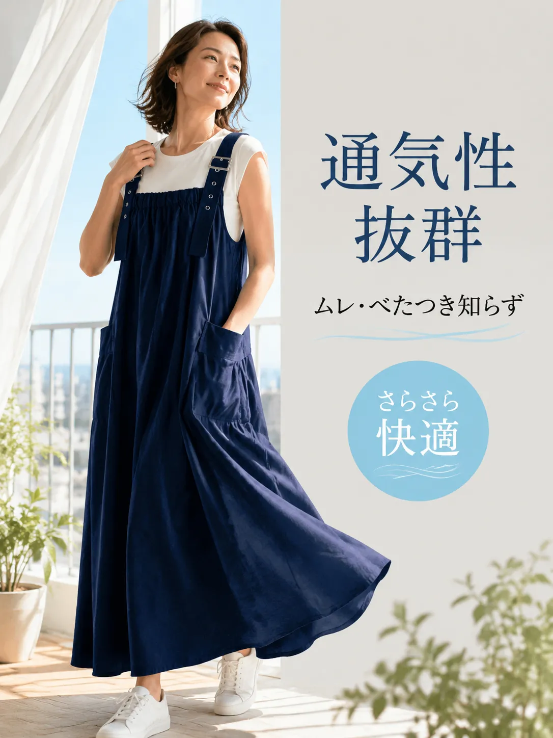 大きめポケット付き 膝下丈 ゆったりジャンパースカート