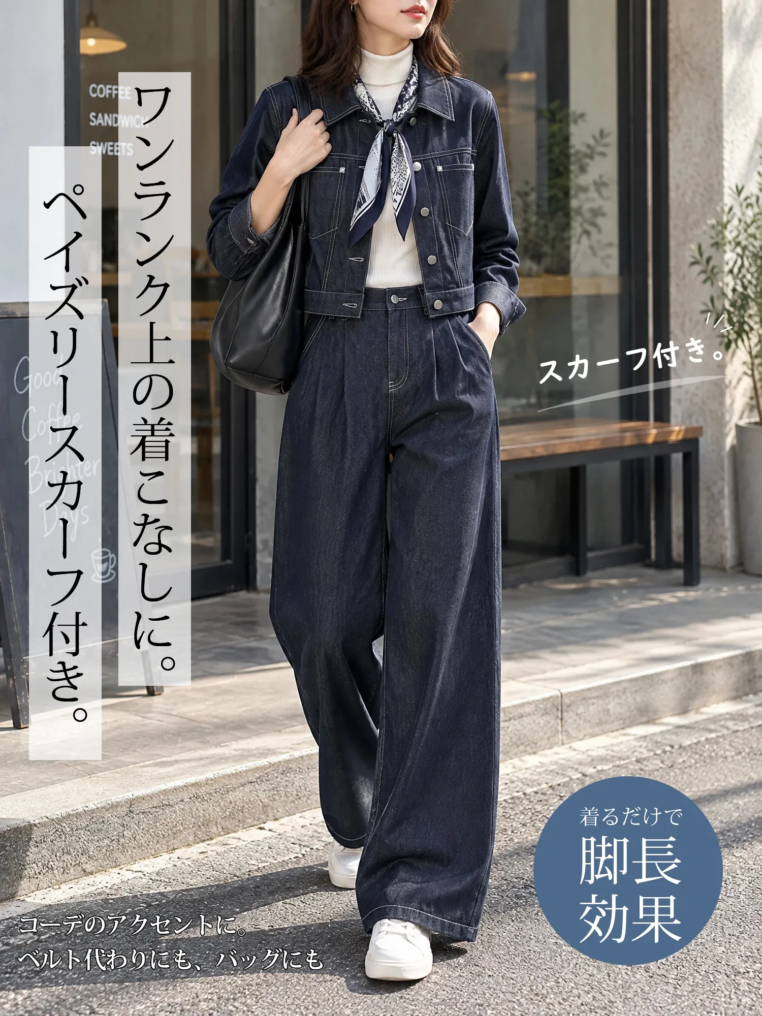 【スカーフ付き】デザインボタン短丈デニムジャケット＆ハイウエストワイドパンツセットアップ