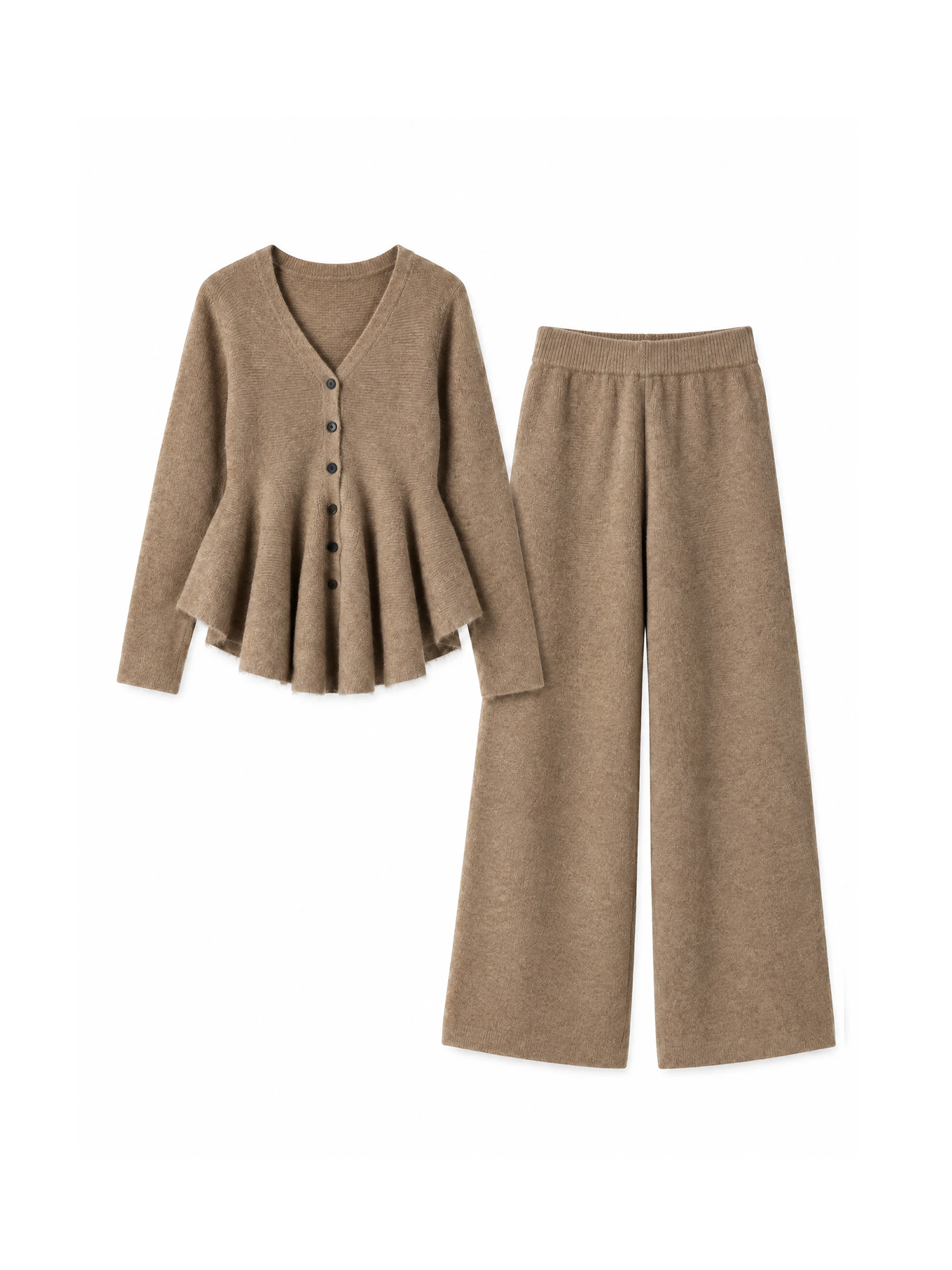 【垢抜けセットアップ  |  もちもちVネックフリル TOPS ＋ 美シルエットニットパンツ 2点セット】