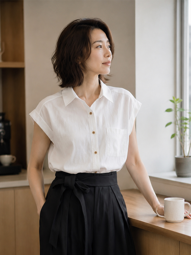 【シンプルで見えやせ、デザイン性のあるノースリーブシャツ】 「肩のラインを整え、お腹を優しく包み込み、快適さとシャープさを心地よく融合させます。」