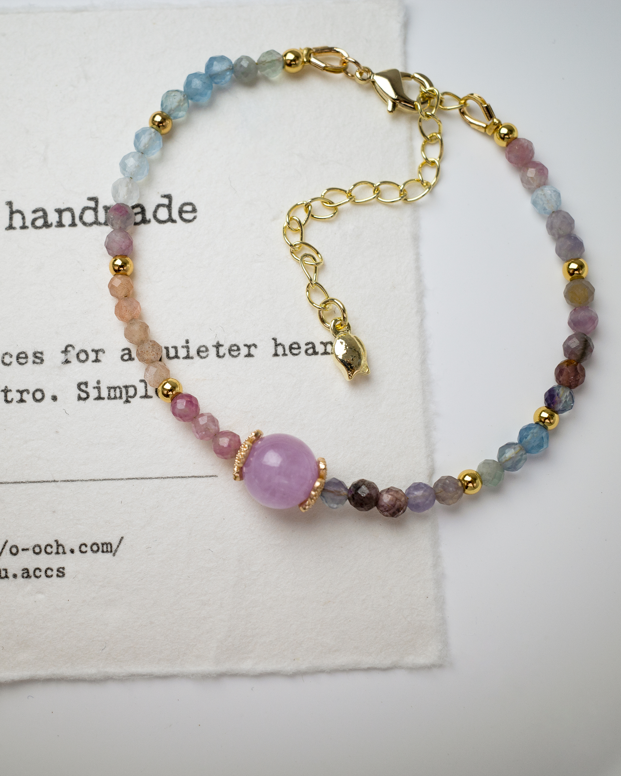 Ooh CHU handmade natural stone bracelet featuring Kunzite, multi-color Tourmaline, and Aquamarine with 14K gold-filled delicate retro jewelry design.

