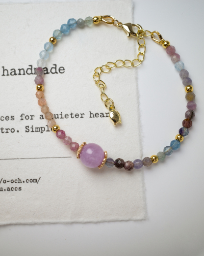 Ooh CHU handmade natural stone bracelet featuring Kunzite, multi-color Tourmaline, and Aquamarine with 14K gold-filled delicate retro jewelry design.
