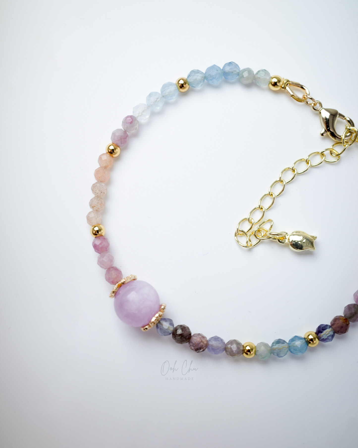 Ooh CHU handmade natural stone bracelet featuring Kunzite, multi-color Tourmaline, and Aquamarine with 14K gold-filled delicate retro jewelry design.
