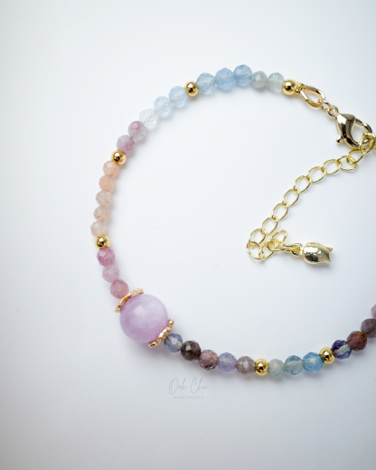 Ooh CHU handmade natural stone bracelet featuring Kunzite, multi-color Tourmaline, and Aquamarine with 14K gold-filled delicate retro jewelry design.
