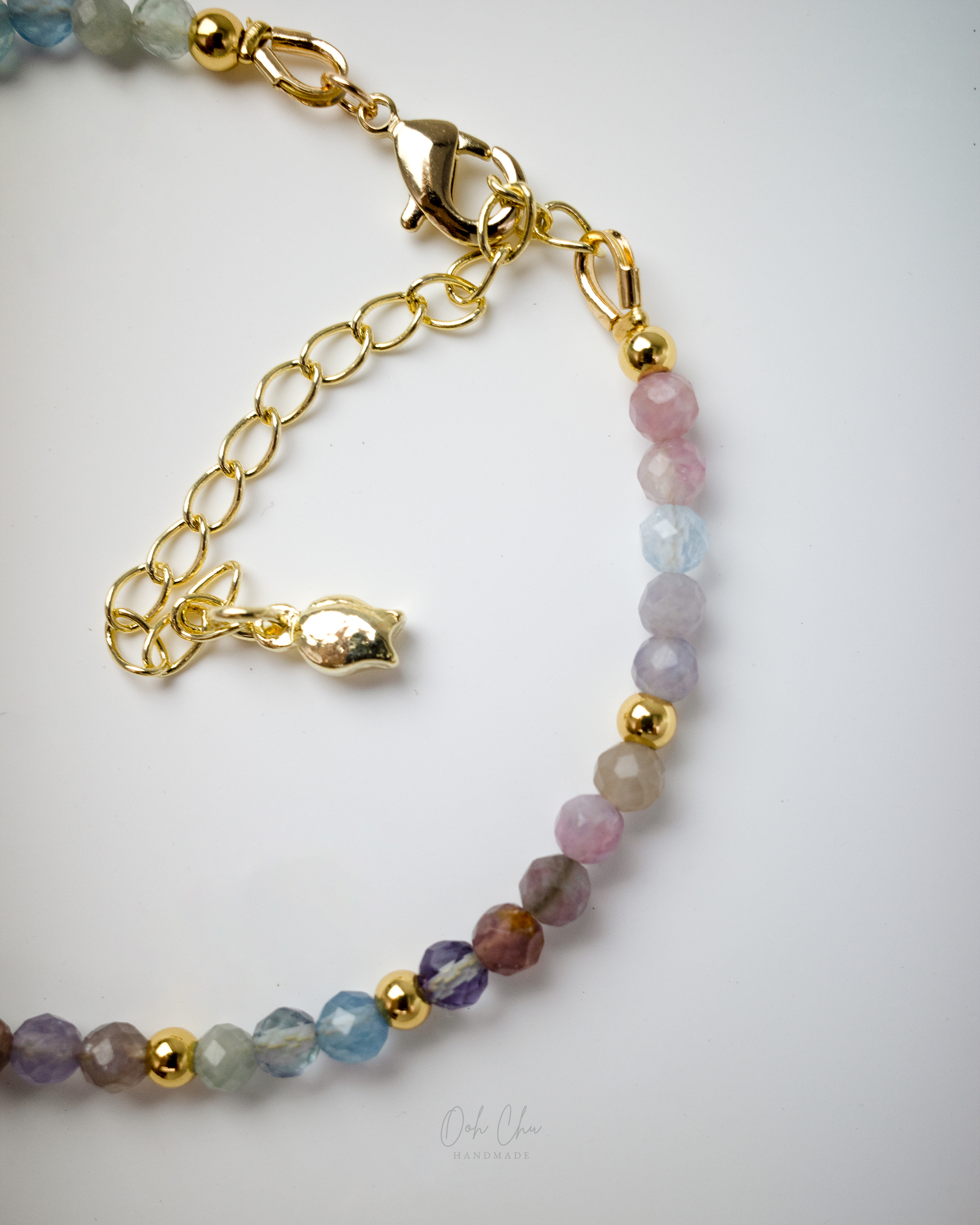 Ooh CHU handmade natural stone bracelet featuring Kunzite, multi-color Tourmaline, and Aquamarine with 14K gold-filled delicate retro jewelry design.
