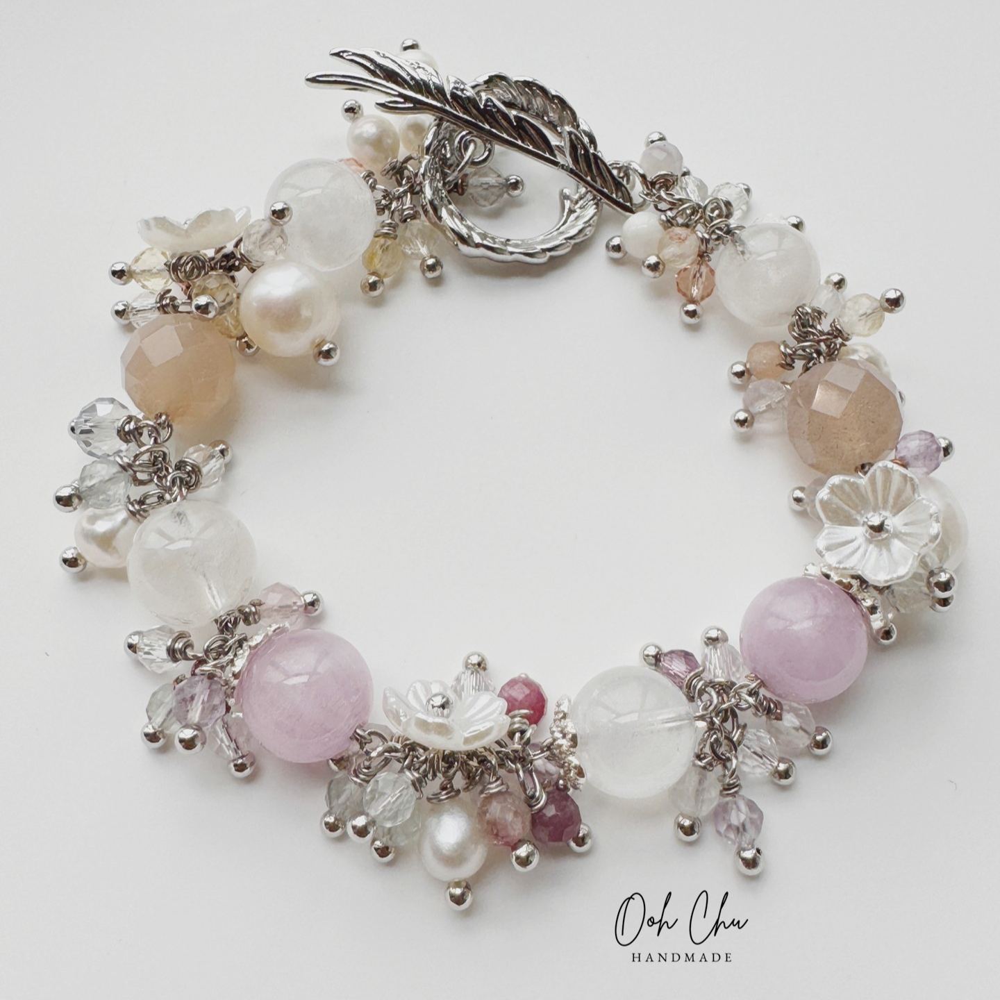handcrafted kunzite pearl crystal bracelet and earrings set lavender pink gemstone jewelry floral cluster design
