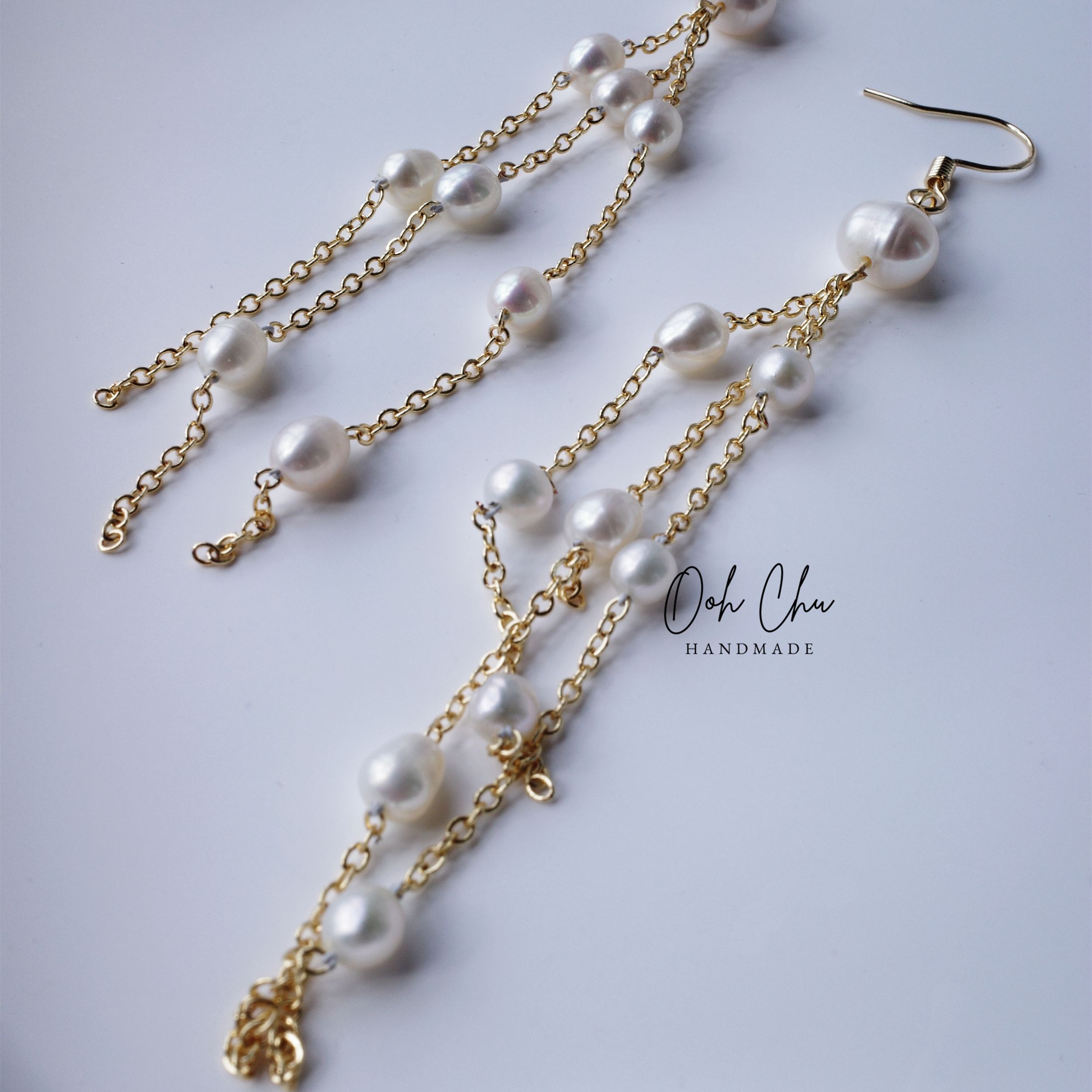 french inspired long pearl tassel earrings layered chain elegant handmade jewelry Ooh CHU design