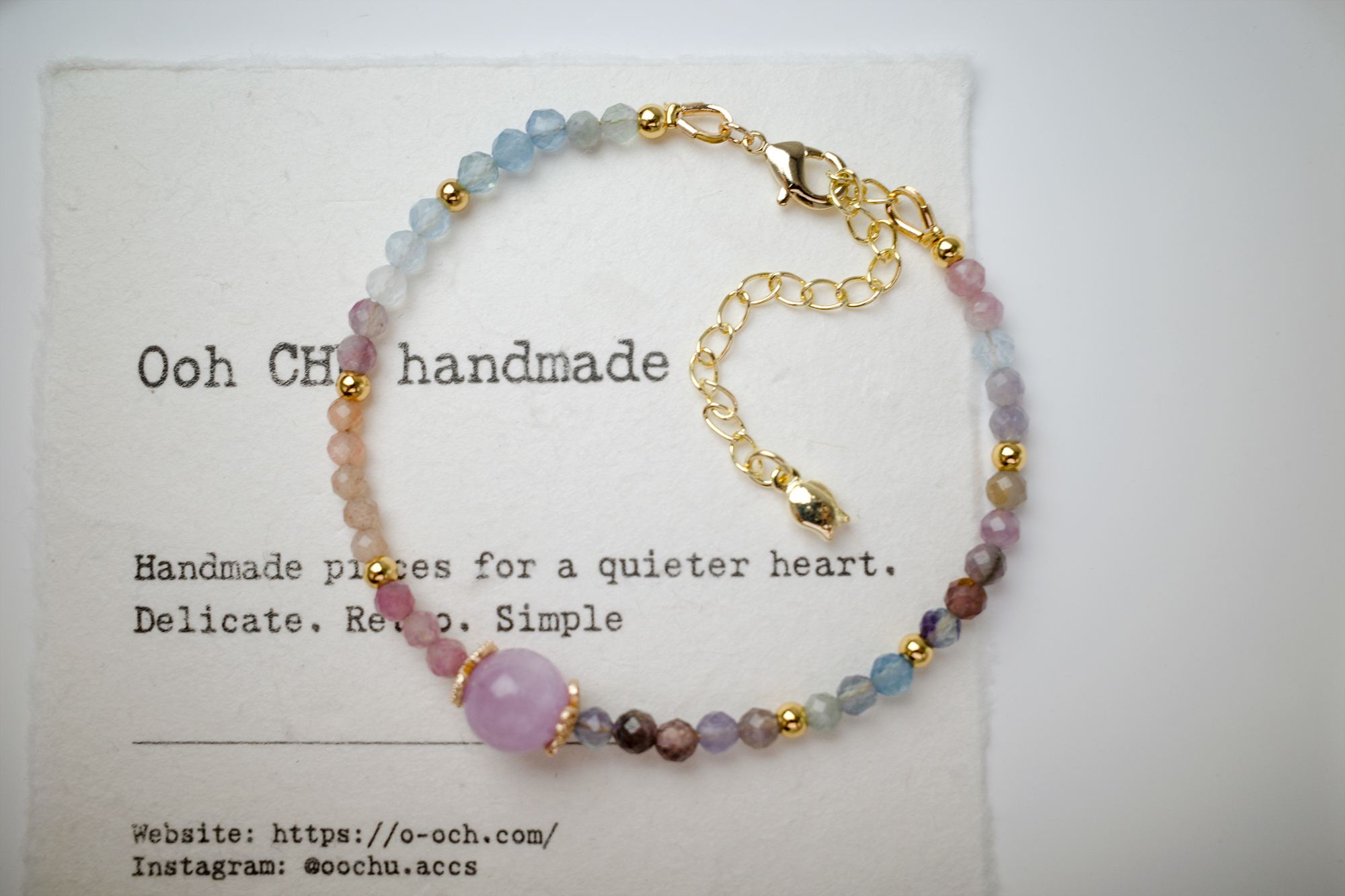 Ooh CHU handmade natural stone bracelet featuring Kunzite, multi-color Tourmaline, and Aquamarine with 14K gold-filled delicate retro jewelry design.
