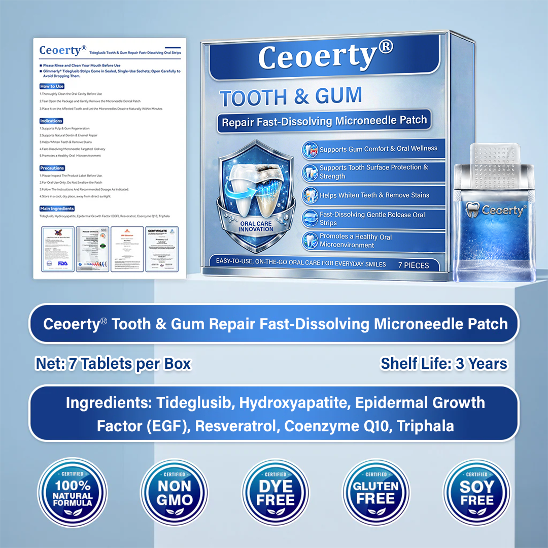 あなたの笑顔のために🦷Ceoerty® 歯と歯茎の修復用速溶性マイクロニードルパッチ✨(5つの機能:💎エナメル質と象牙質の再生・歯茎の強化・歯石と口臭の除去・歯のホワイトニング・知覚過敏の抑制)