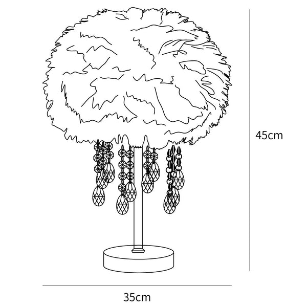></p><p><strong>FEATURES</strong></p><ul><li><span>Material: Metal, Feathers, Crystal.</span></li><li><span>Finishes: Clear<span>, </span>Gold.</span><br></li><li><span>Lampshade: <span>White feathers</span>.</span></li><li>Environment: Indoor.</li><li>AC 110-240V Voltage.</li><li>In line on / off switch.</li><li>Is Bulbs Included: Yes.</li><li>Takes E26 or E27 base bulb.</li><li>We provide 150cm / 59″ wires with switch plugs.</li><li>Certification: Compliant with North America, Australia, Europe, and Middle East Certification.</li></ul><p><strong>
  </div>
  <button
    class=
