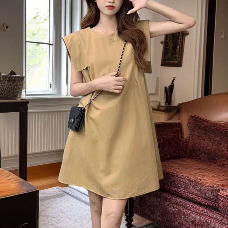 背の低い女性用の上品な単色Aラインノースリーブワンピース、体型カバー