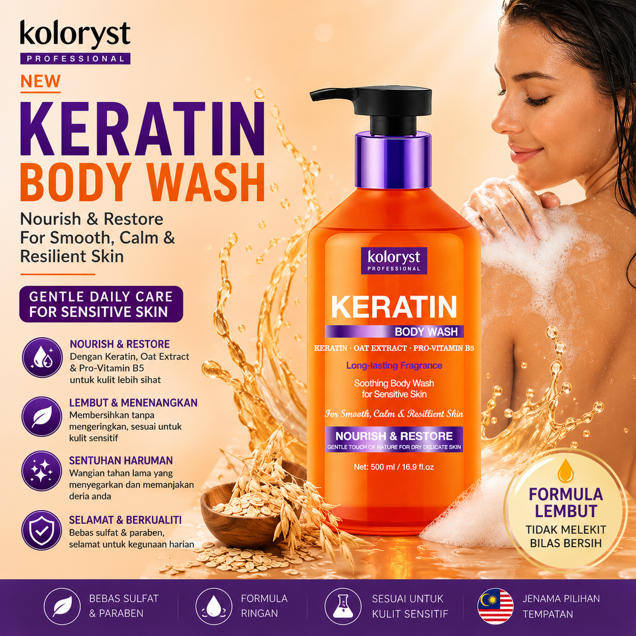 Pencuci Badan Penjagaan Keratin Koloryst (500ml) dengan Keratin, Vitamin B5, dan Ekstrak Oat