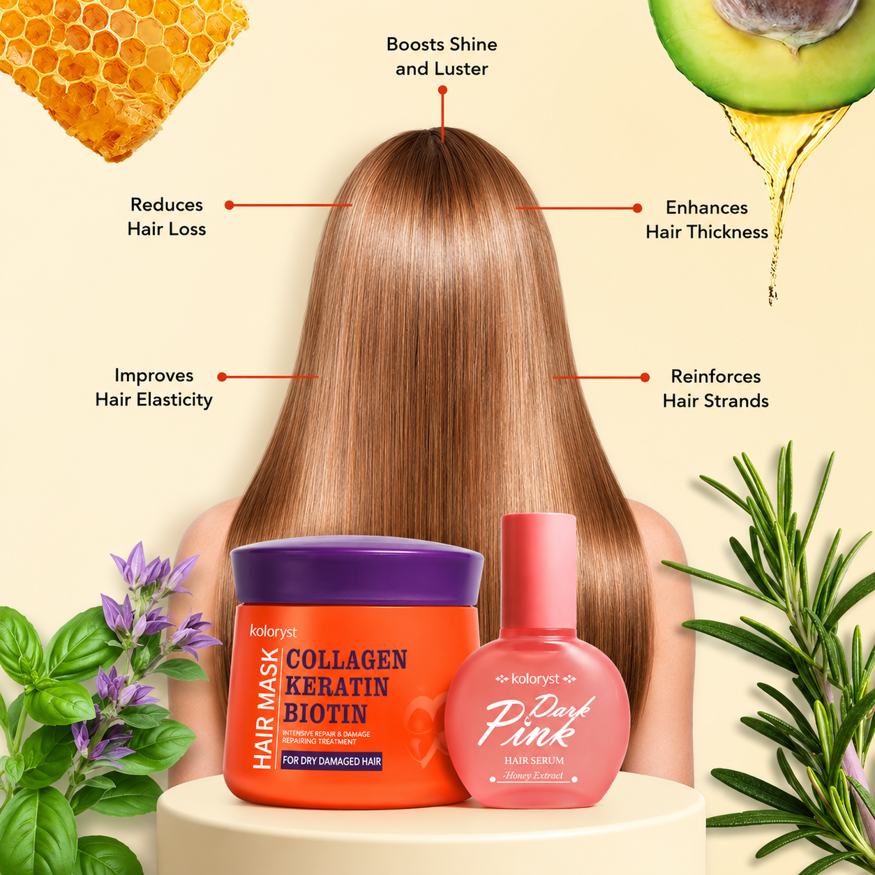 Topeng Rambut Koloryst Keratin Collagen Minyak Argan (500ml) + Minyak Penjagaan Rambut Halal Madu Camellia (70ml)