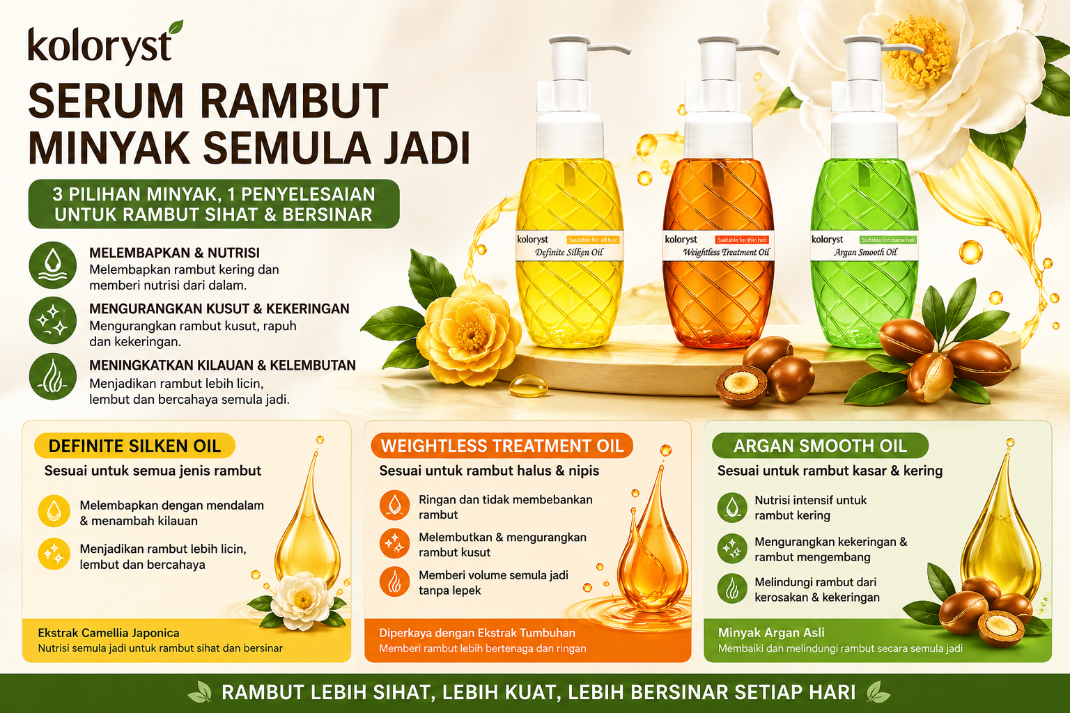 Serum Rambut 3 Warna Koloryst untuk Rambut Tipis/Kasar (100ml)