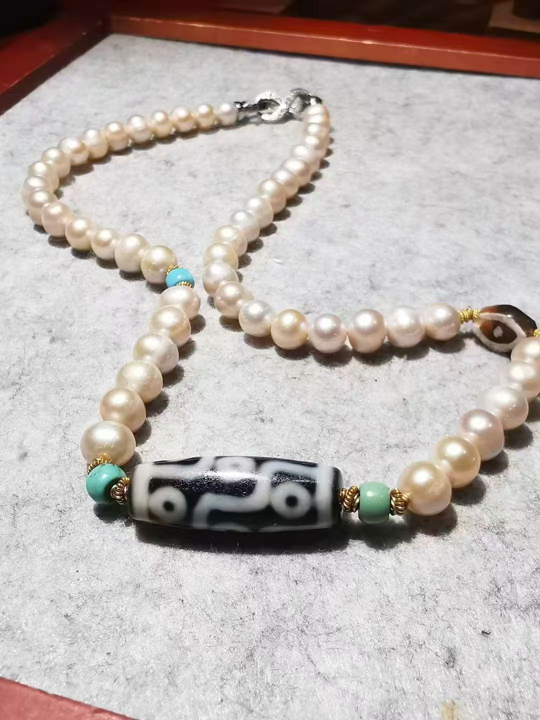  13665 Old Tibetan Nine-Eyed Dzi Bead Pearl and Old Gold Necklace 藏传老一台九眼天珠珍珠老黄金项链