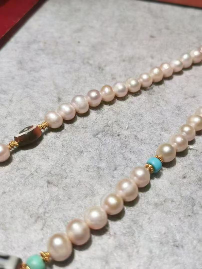  13665 Old Tibetan Nine-Eyed Dzi Bead Pearl and Old Gold Necklace 藏传老一台九眼天珠珍珠老黄金项链