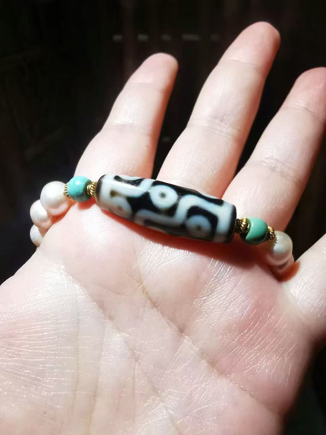  13665 Old Tibetan Nine-Eyed Dzi Bead Pearl and Old Gold Necklace 藏传老一台九眼天珠珍珠老黄金项链