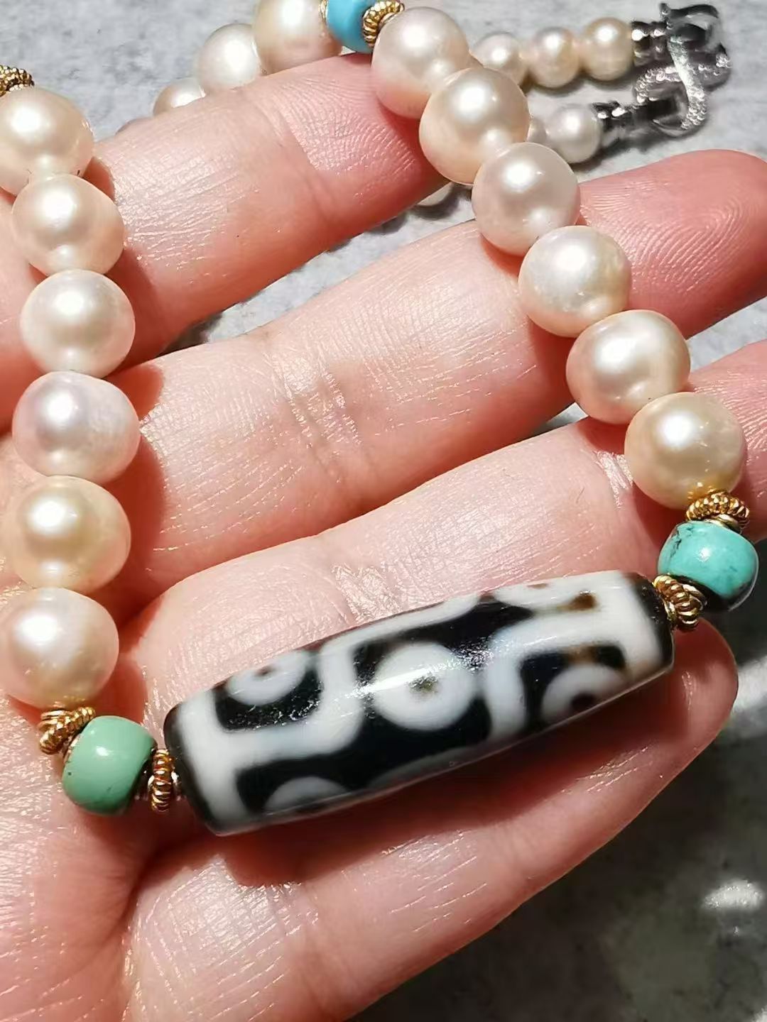  13665 Old Tibetan Nine-Eyed Dzi Bead Pearl and Old Gold Necklace 藏传老一台九眼天珠珍珠老黄金项链