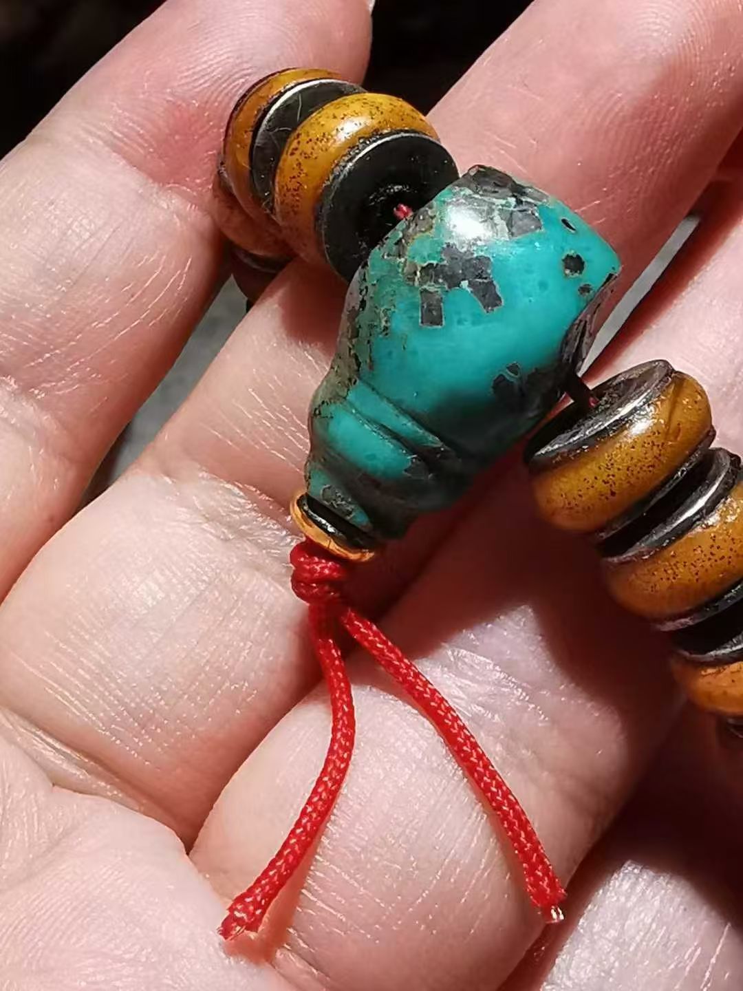 13562藏传老蜜蜡手串老绿松石佛头 Tibetan Old Amber Bracelet Old Turquoise Buddha Head 