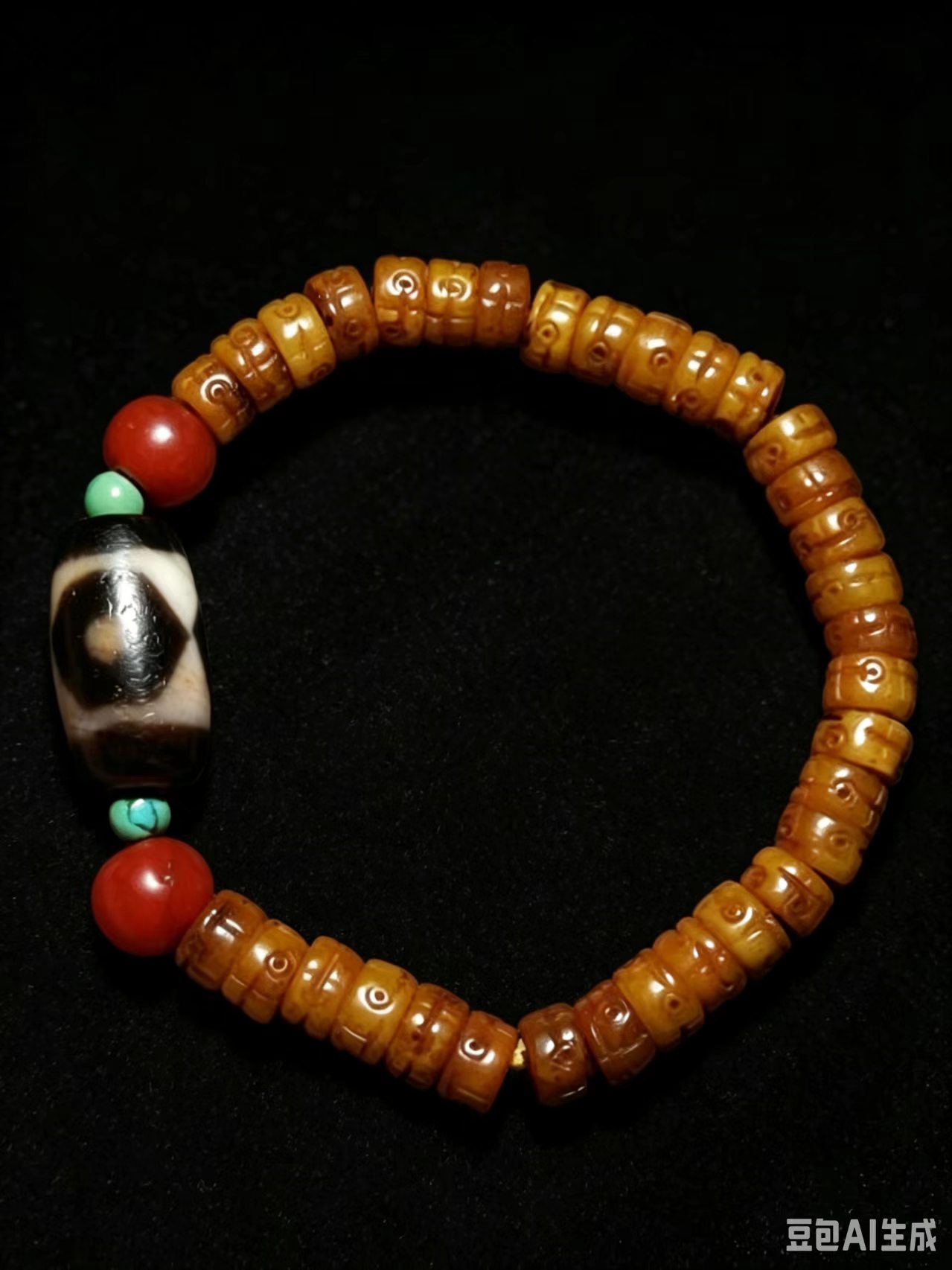 13799 Tibetan Old Qin Cinnabar Agate Three-Eyed Dzi Bead Bracelet with Baoshan South Red Dot-Inscribed Ox Bone  藏传老沁朱砂玛瑙三眼天珠配保山南红点咒牛骨手串