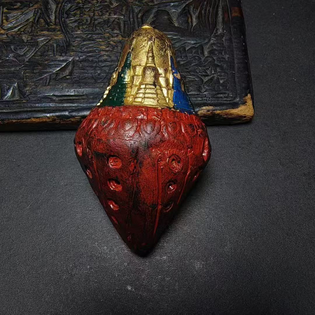 14911  Tibetan Traditional Medicine Mud Painted and Gilded Eight-Treasure Stupa Niang La Caca藏传老药泥彩绘描金八宝塔娘拉擦擦